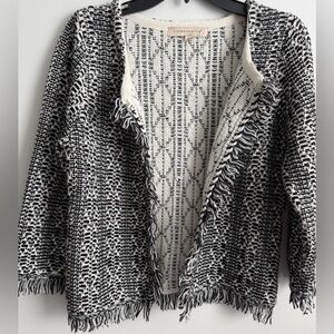 Lineamaglia ITALY Wool Alpaca Blend Black White Open Front Cardigan Fringe Sz M